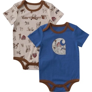 image:imageCarhartt Baby Boys ShortSleeve Pocket BodysuitBeige and Blue Farm Animals