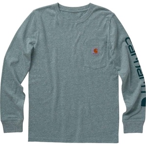 image:imageCarhartt Boys LongSleeve Logo Sleeve Pocket TShirt  Cotton Jersey  Midweight Cotton Is Soft Against The Skin But  Everyday WearBlue Spruce Heather