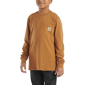 image:imageCarhartt Boys LongSleeve Logo Sleeve Pocket TShirt  Cotton Jersey  Midweight Cotton Is Soft Against The Skin But  Everyday WearBrown Tan