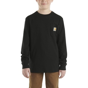 image:imageCarhartt Boys LongSleeve Logo Sleeve Pocket TShirt  Cotton Jersey  Midweight Cotton Is Soft Against The Skin But  Everyday WearCaviar Black