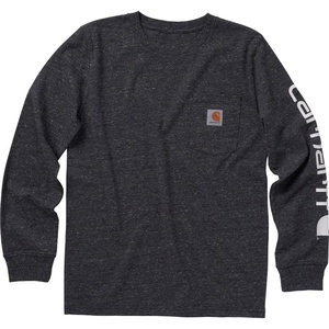 image:imageCarhartt Boys LongSleeve Logo Sleeve Pocket TShirt  Cotton Jersey  Midweight Cotton Is Soft Against The Skin But  Everyday WearCaviar Black Heather