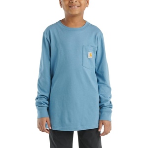 image:imageCarhartt Boys LongSleeve Logo Sleeve Pocket TShirt  Cotton Jersey  Midweight Cotton Is Soft Against The Skin But  Everyday WearCoronet Blue