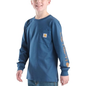 image:imageCarhartt Boys LongSleeve Logo Sleeve Pocket TShirt  Cotton Jersey  Midweight Cotton Is Soft Against The Skin But  Everyday WearDark Denim