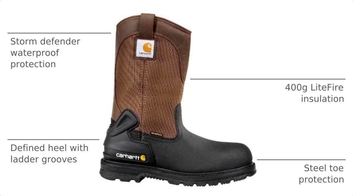 image:imageCarhartt Heritage 11 Insulated Waterproof Wellington Boot  Steel Toe Helcor Leather TPU Heel Guard and Achilles Flex JointDark BrownBlack Leather