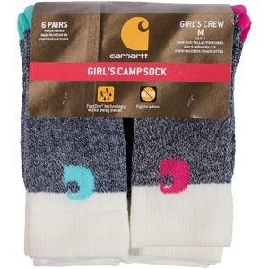 image:imageCarhartt girls Camp Crew Sock 6 Pairs PackNatural  Pink  Blue  Green  Purple